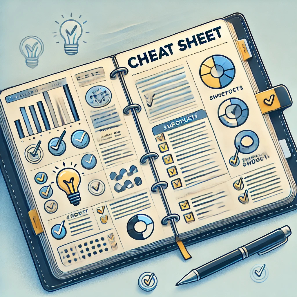 Illustrative image of a notebook with various diagrams and text, titled Cheat Sheet