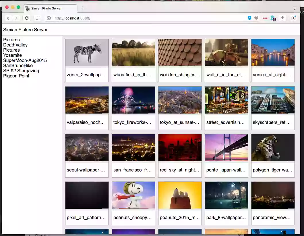 Screenshot of the Simian Photo Server displaying gallery thumbnails.